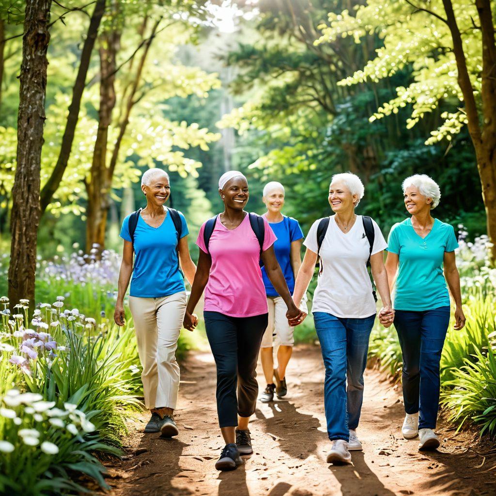 A serene landscape showing a diverse group of cancer patients and survivors, joyfully hiking together on a sunny trail, surrounded by lush greenery and blooming flowers. Include supportive gestures like holding hands, sharing smiles, and encouraging one another, signifying hope and community. In the background, light beams penetrate through trees, symbolizing optimism and a bright future. super-realistic. vibrant colors. soft focus.