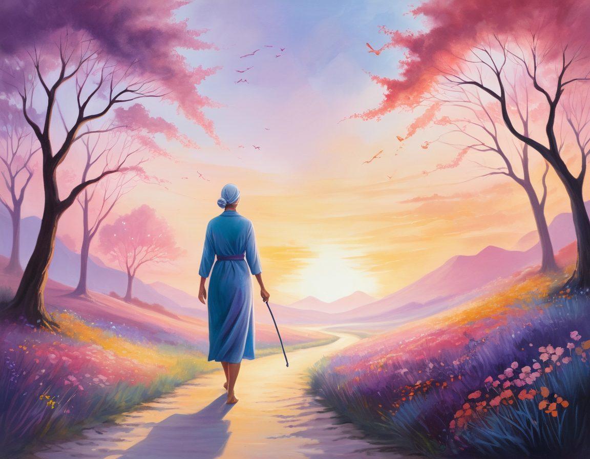 A serene landscape depicting a journey from darkness to light, illustrating stages of cancer care. On the left, a shadowy figure represents diagnosis, transitioning into a figure in a supportive embrace, symbolizing survivor support. Include soft colors and gentle brush strokes to convey hope and empowerment. Add subtle icons of cancer awareness ribbons floating in the background. painting. vibrant colors.