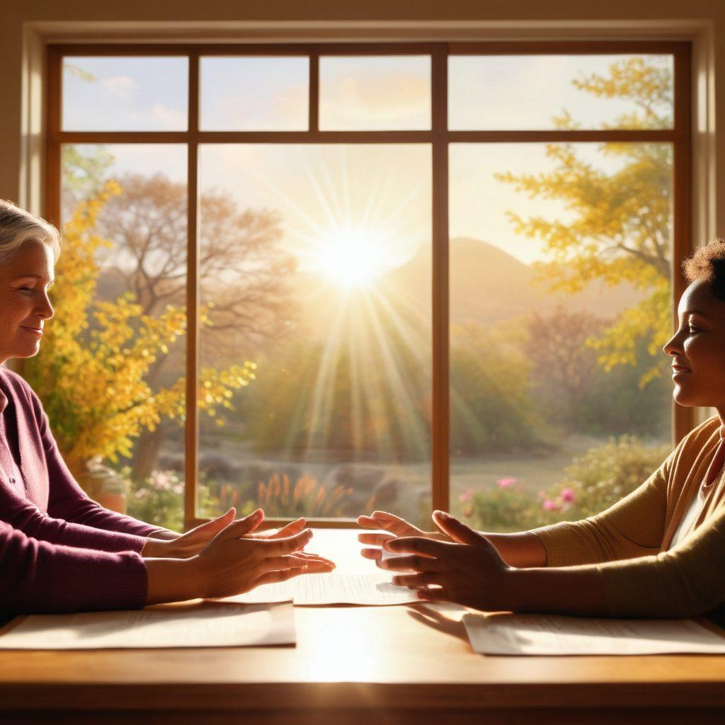 A diverse group of individuals collaborating passionately around a table, sharing resources and experiences about cancer care, with a warm and inviting atmosphere. Incorporate symbolic elements of hope, such as a phoenix rising and soft sunlight filtering through a window. Show medical pamphlets and supportive gestures, like holding hands. The background features a calming nature scene visible through the window. warm colors. super-realistic.